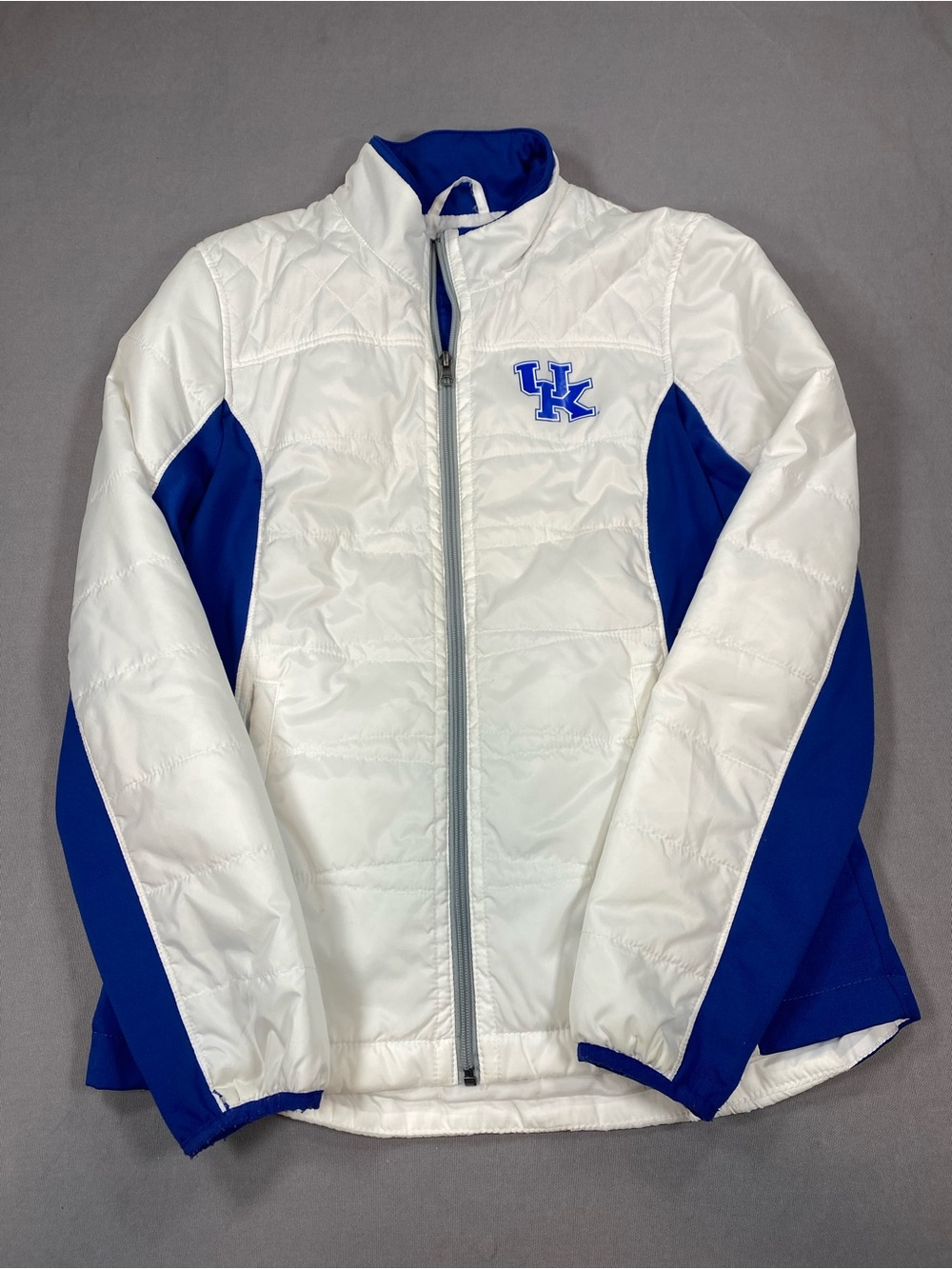 White and Royal Blue Quilted Varsity Jacket with UK Logo
